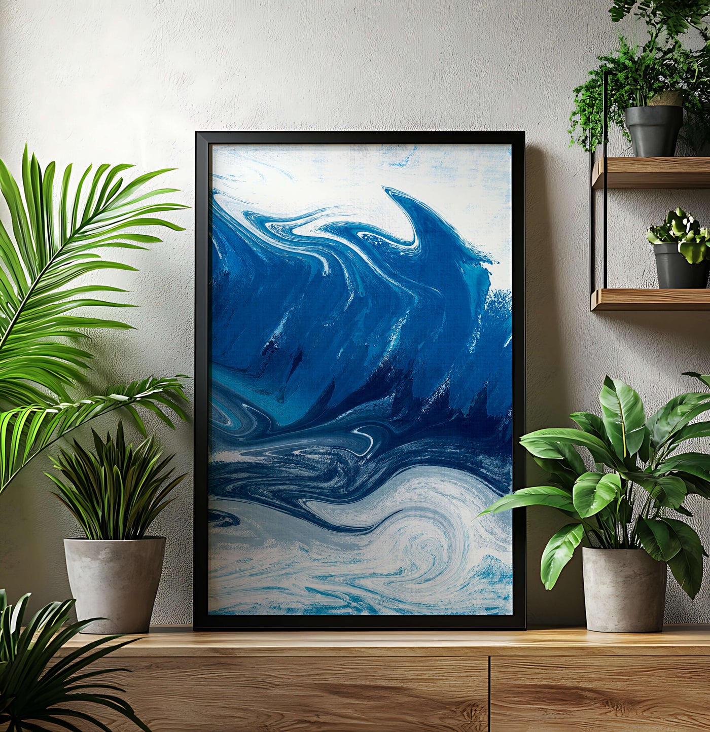 Abstract blue and white ocean wave painting with swirling patterns