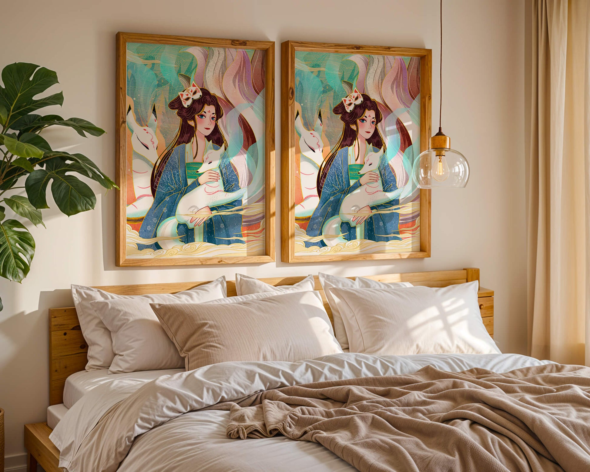 Woman with foxes in a mystical fantasy scene