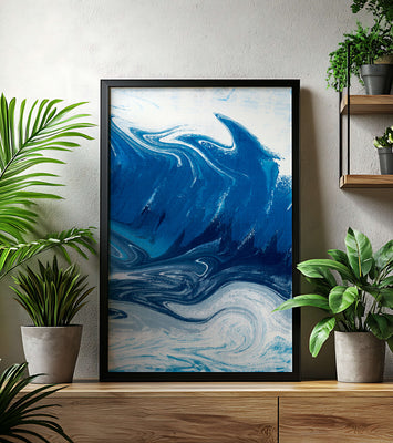 Abstract blue and white ocean wave painting with swirling patterns