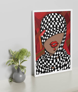 Abstract Art of Woman with Checkered Pattern and Red Lips - Mi tienda