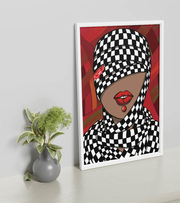 Abstract Art of Woman with Checkered Pattern and Red Lips