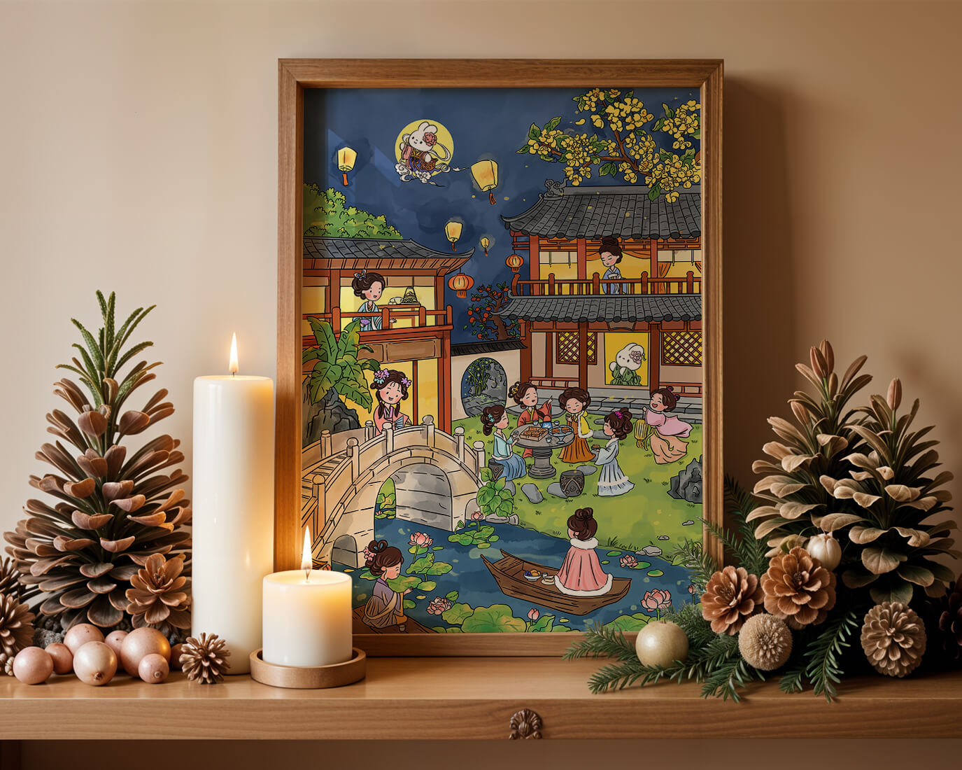 Escena de jardín chino tradicional con linternas y conejo lunar