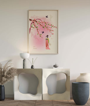 Art chinois traditionnel avec des fleurs de cerisier et une silhouette élégante