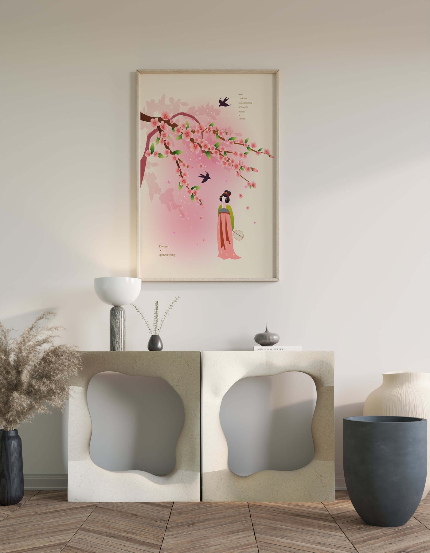 Traditional Chinese art with cherry blossoms and elegant figure