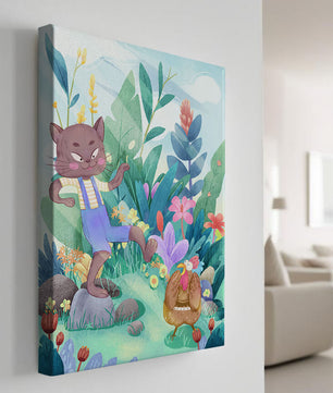 Playful Cat and Chicken in Vibrant Forest Scene Illustration