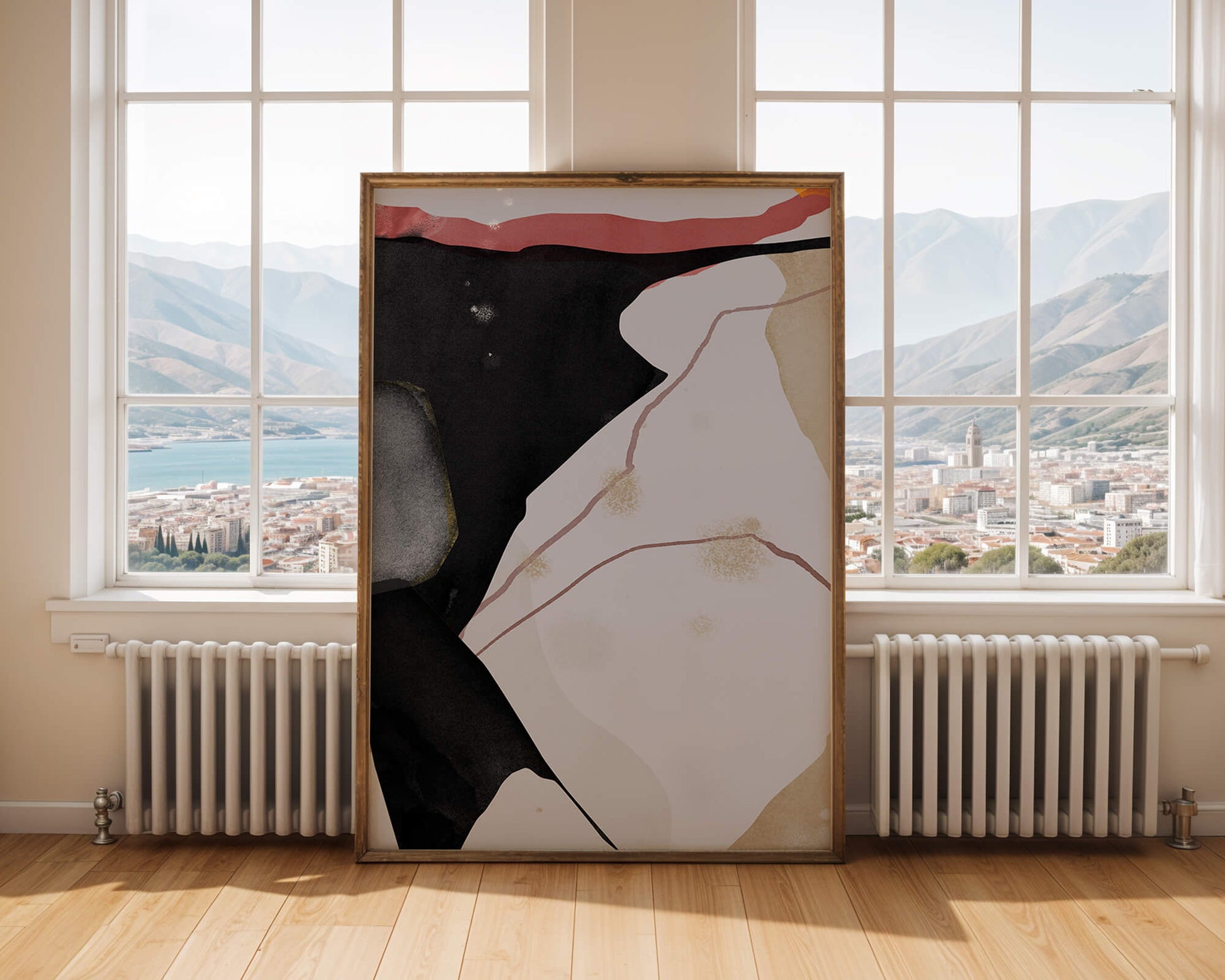 Abstract Composition with Bold Black and Subtle Gold Accents