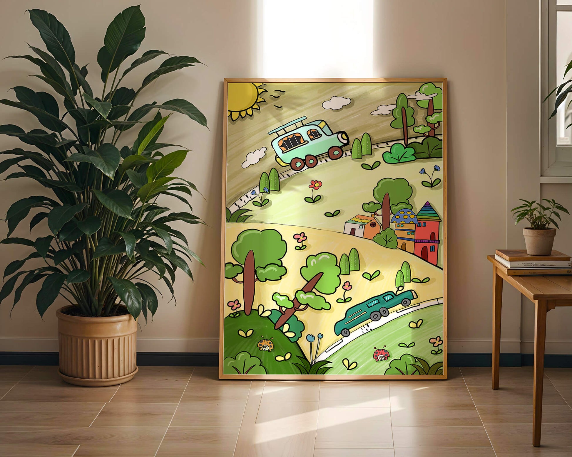 Whimsical landscape with houses, cars, and colorful flora