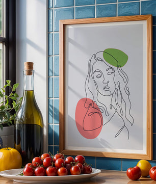 Line Art Portrait auf grauem Hintergrund mit Farbakzenten 