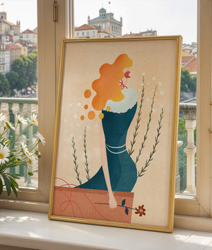 Woman with Floral Decor and Flowing Hair in Minimalist Art - Mi tienda