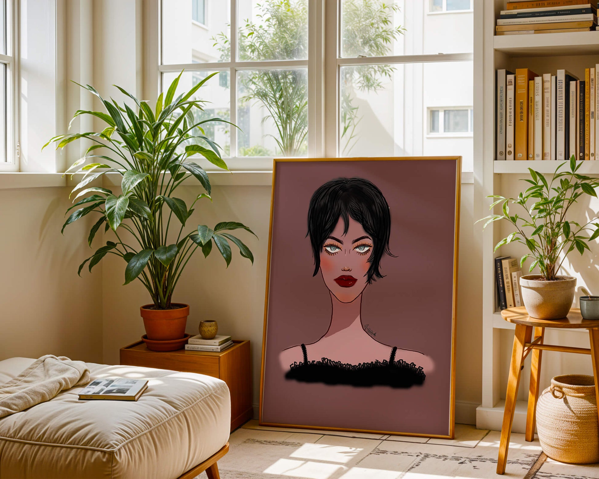 Illustration of a woman with short black hair and striking makeup on a brown background