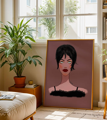 Illustration of a woman with short black hair and striking makeup on a brown background