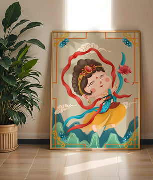 Whimsical illustration of a joyful child deity with lotus and clouds