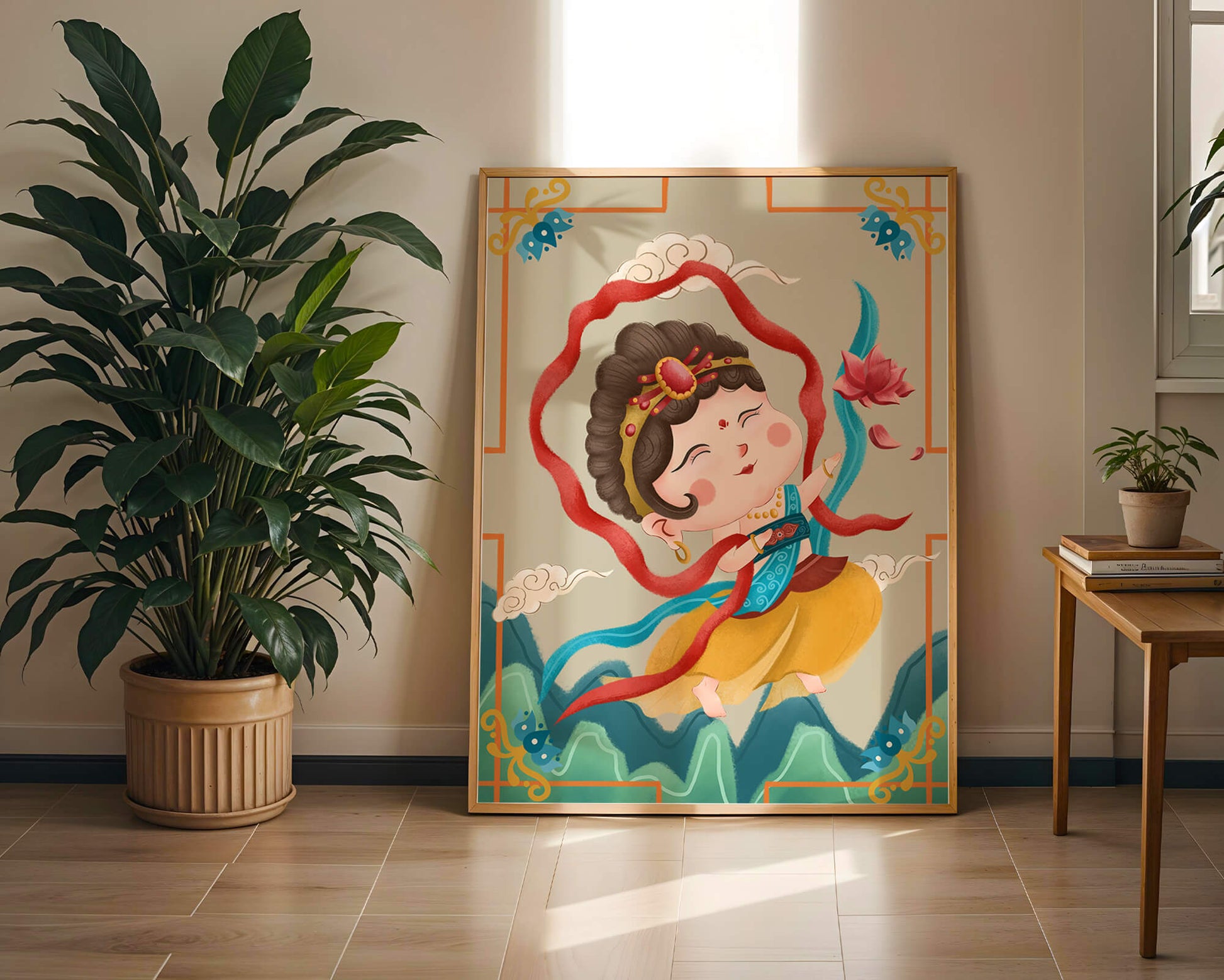 Whimsical illustration of a joyful child deity with lotus and clouds