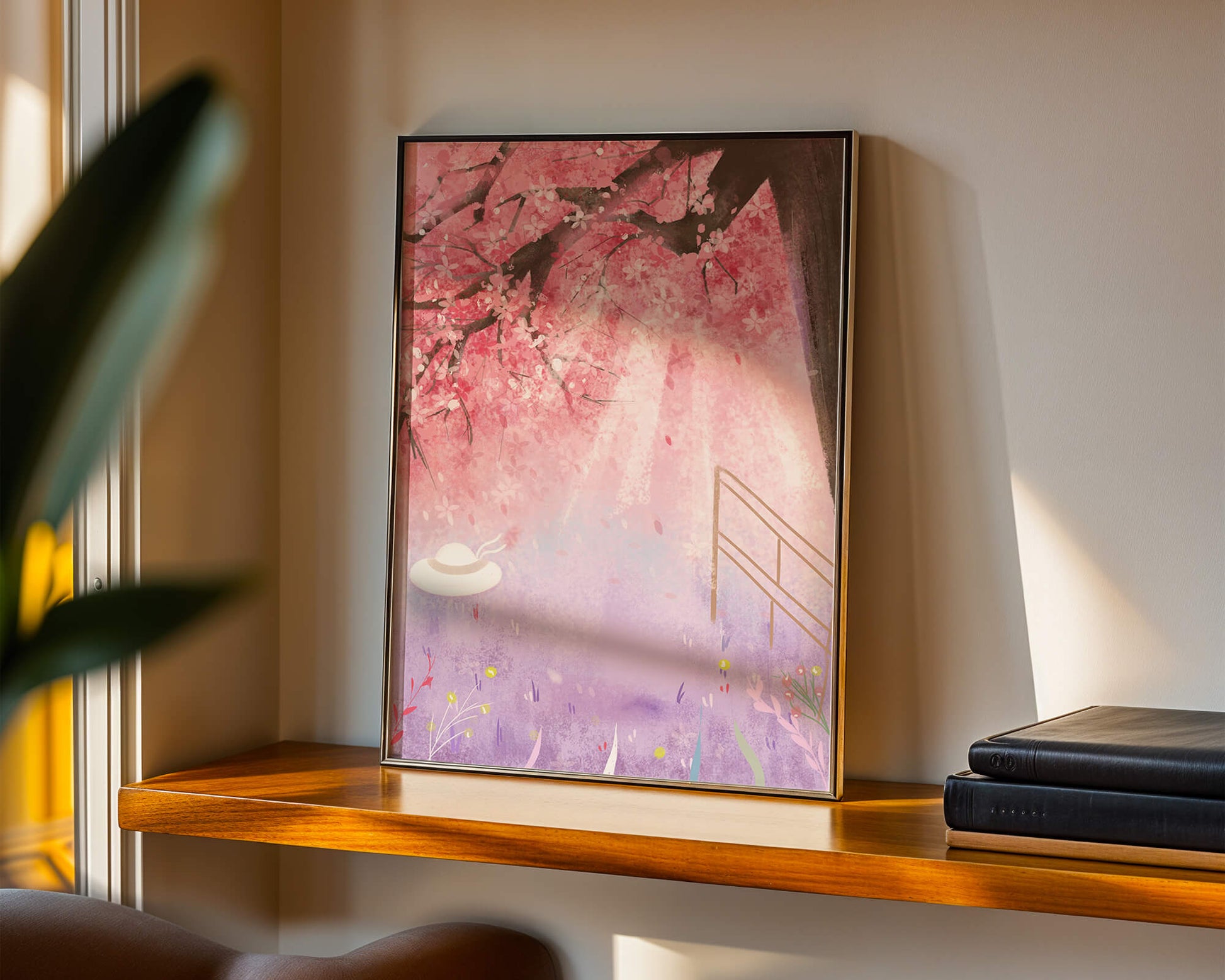 Cherry Blossom Garden with Spring Flowers and Sunlight