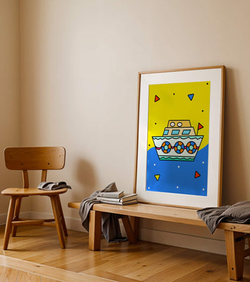 Colorful boat illustration with cartoon elements
