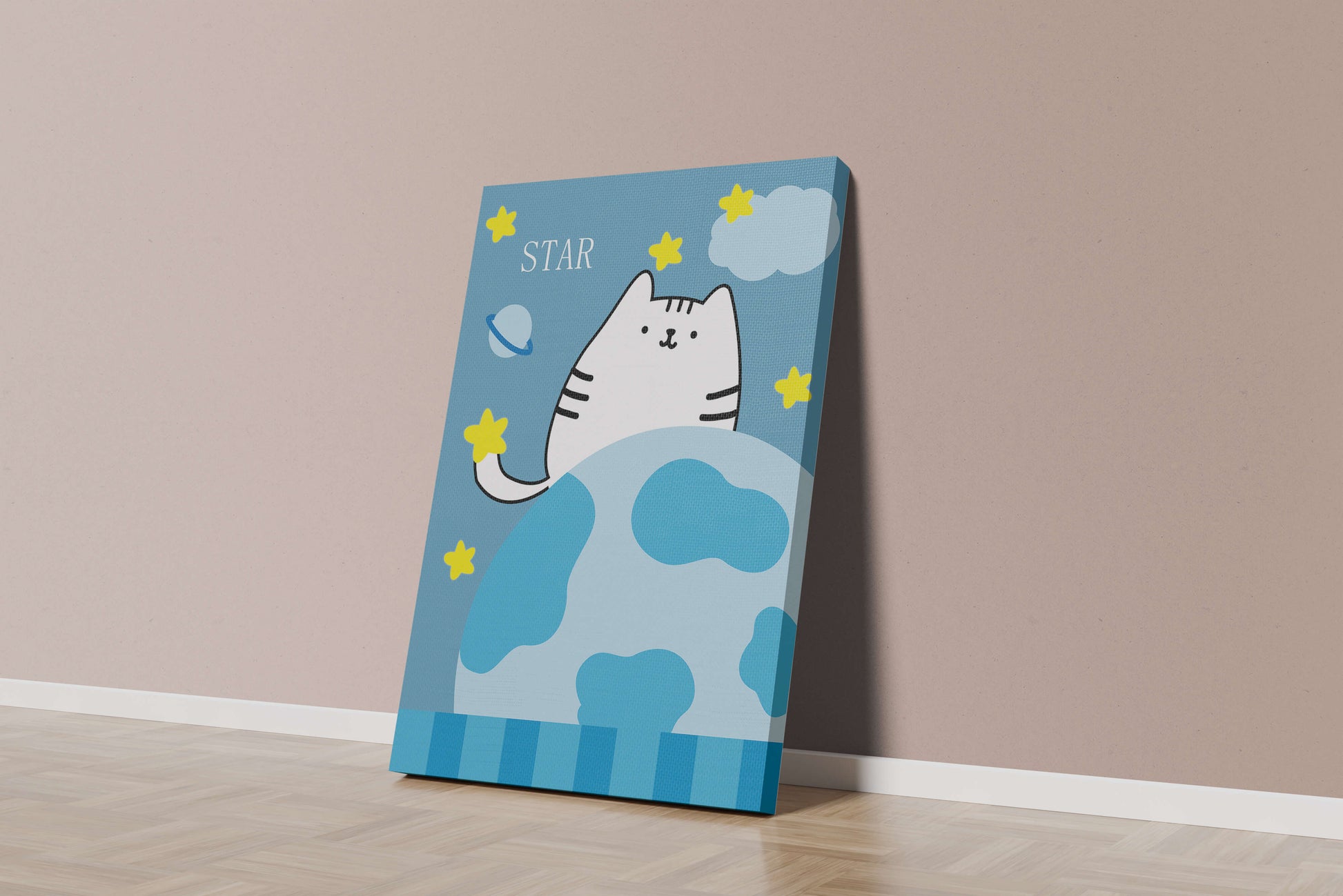 Illustration of a cute cat in space with stars and planets