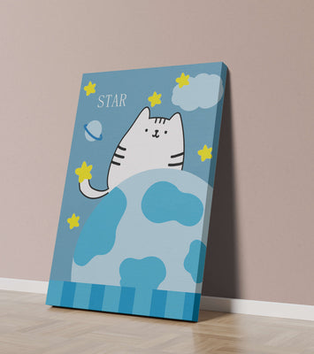 Illustration of a cute cat in space with stars and planets