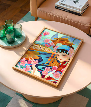 Traditional Asian art with cherry blossoms and architecture