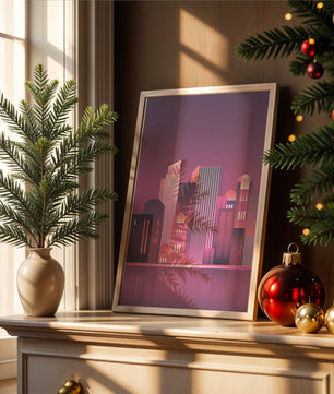 Modern Abstract Cityscape at Sunset with Reflective Water - Mi tienda