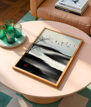 Minimalist Landscape with Silhouetted Tree and Birds