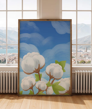 Künstlerische Illustration von Baumwollpflanzen vor einem klaren blauen Himmel
