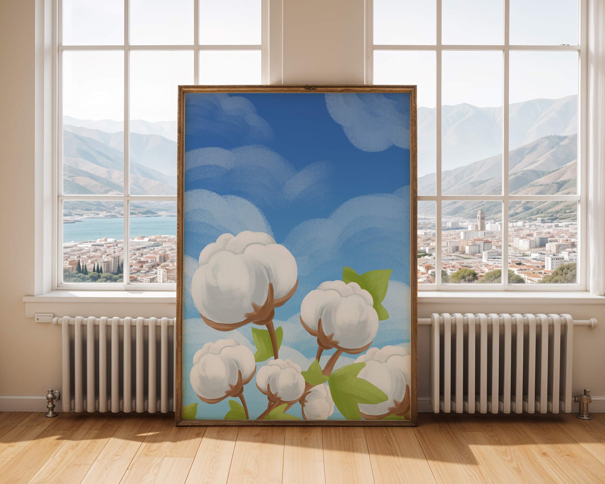 Künstlerische Illustration von Baumwollpflanzen vor einem klaren blauen Himmel
