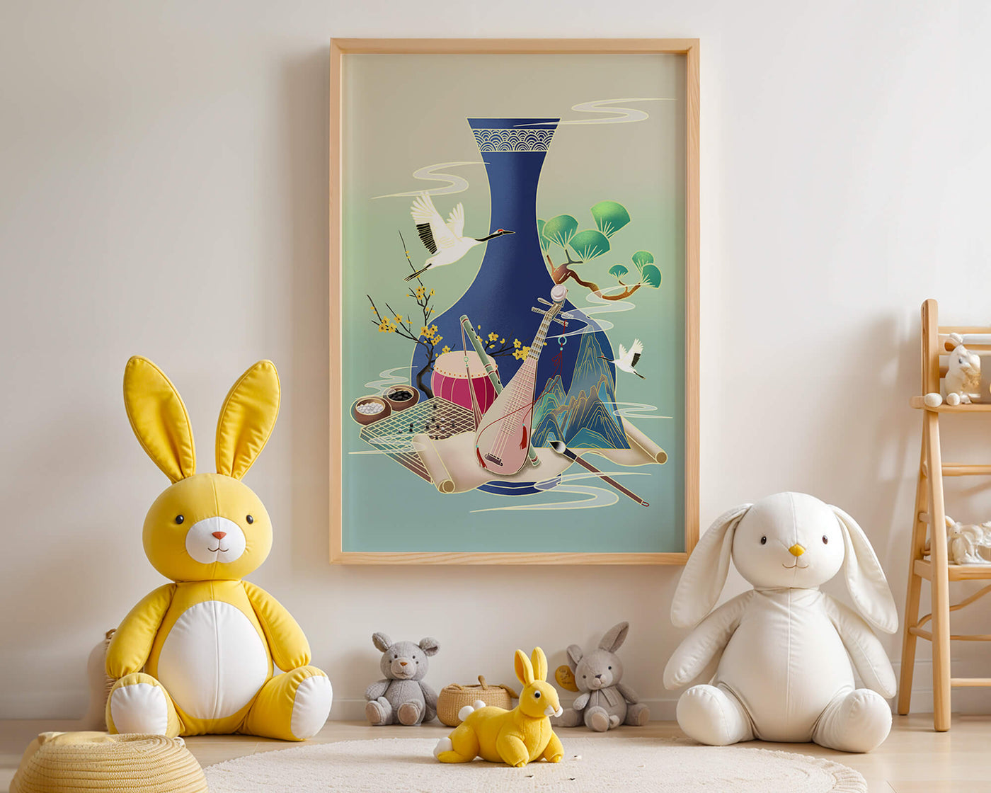 Traditional Asian art scene featuring vase, musical instruments, and cranes