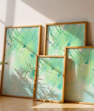Serene Spring Scene with Birds and Leaves on a Light Blue Background