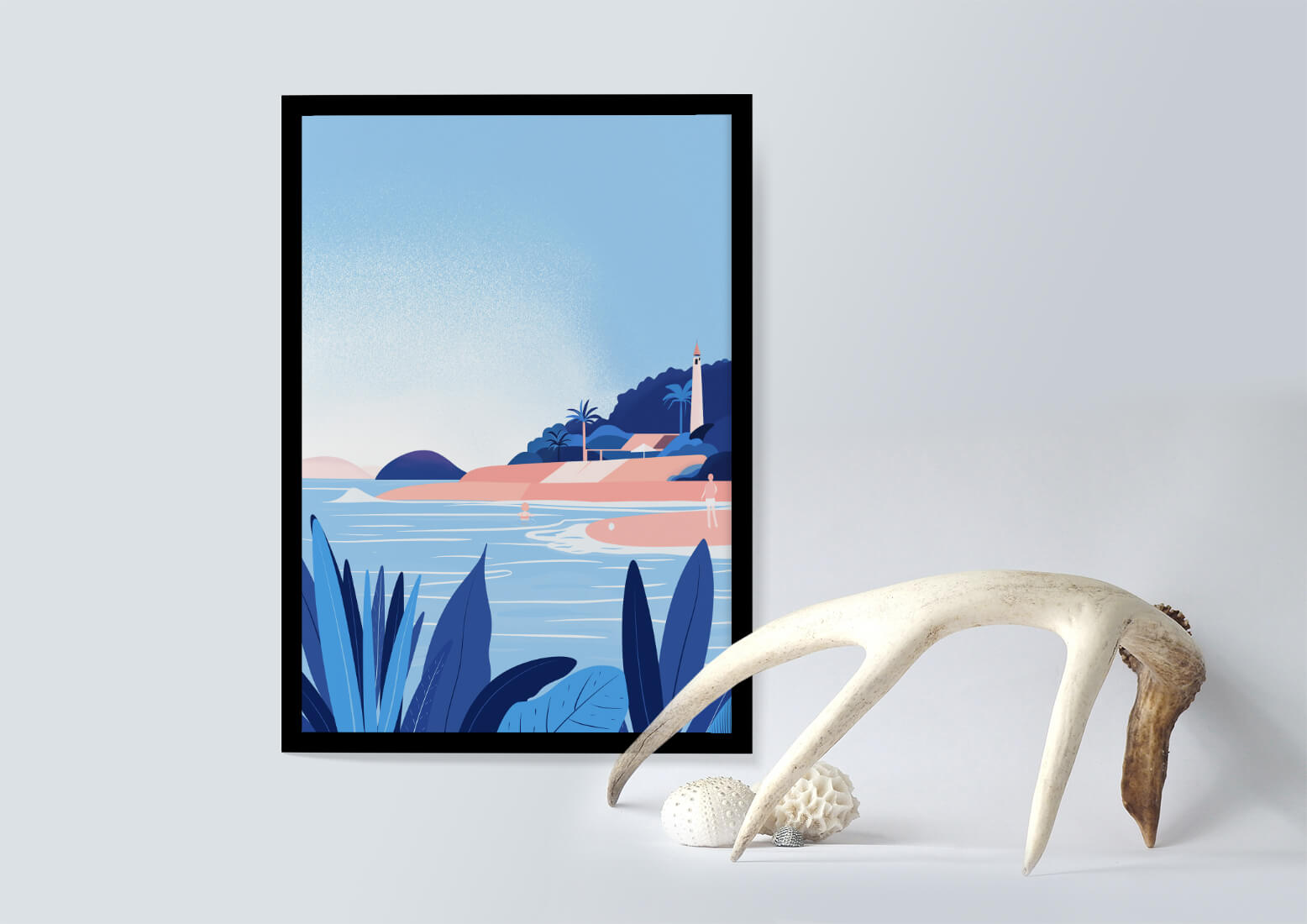 Serene seaside scene with lighthouse and tropical foliage