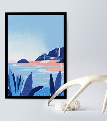 Serene seaside scene with lighthouse and tropical foliage