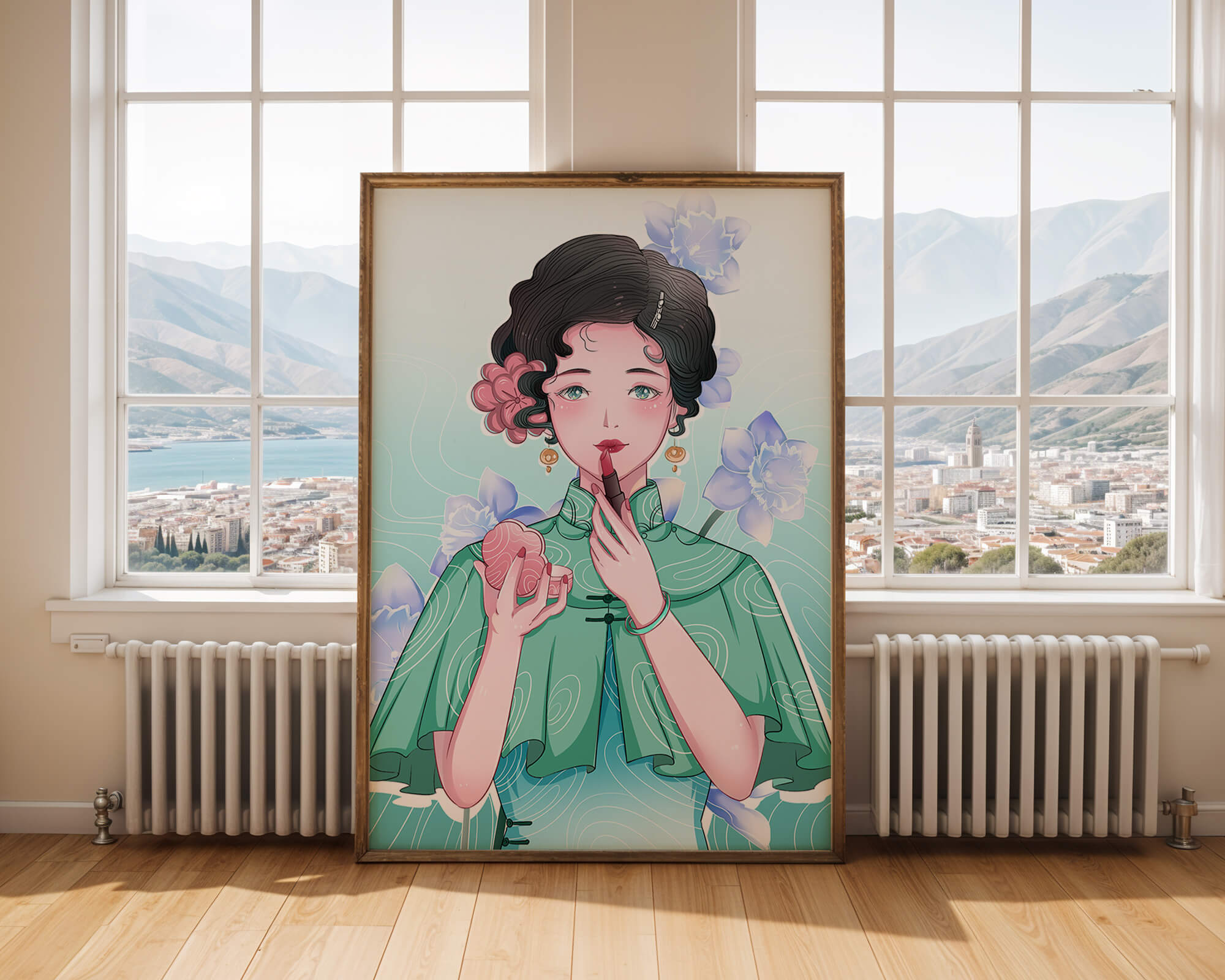 Woman applying lipstick with elegant floral background
