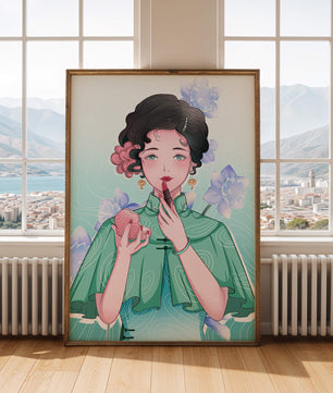 Woman applying lipstick with elegant floral background