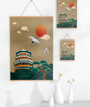 Traditional Asian artwork with cranes and pagoda under a red sun