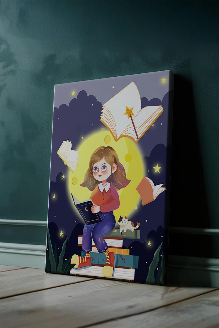 Illustration of a girl reading books under a starry night sky