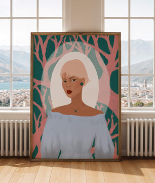 Illustration einer Frau mit einem pastellfarbenen Hintergrund aus abstrakten Bäumen