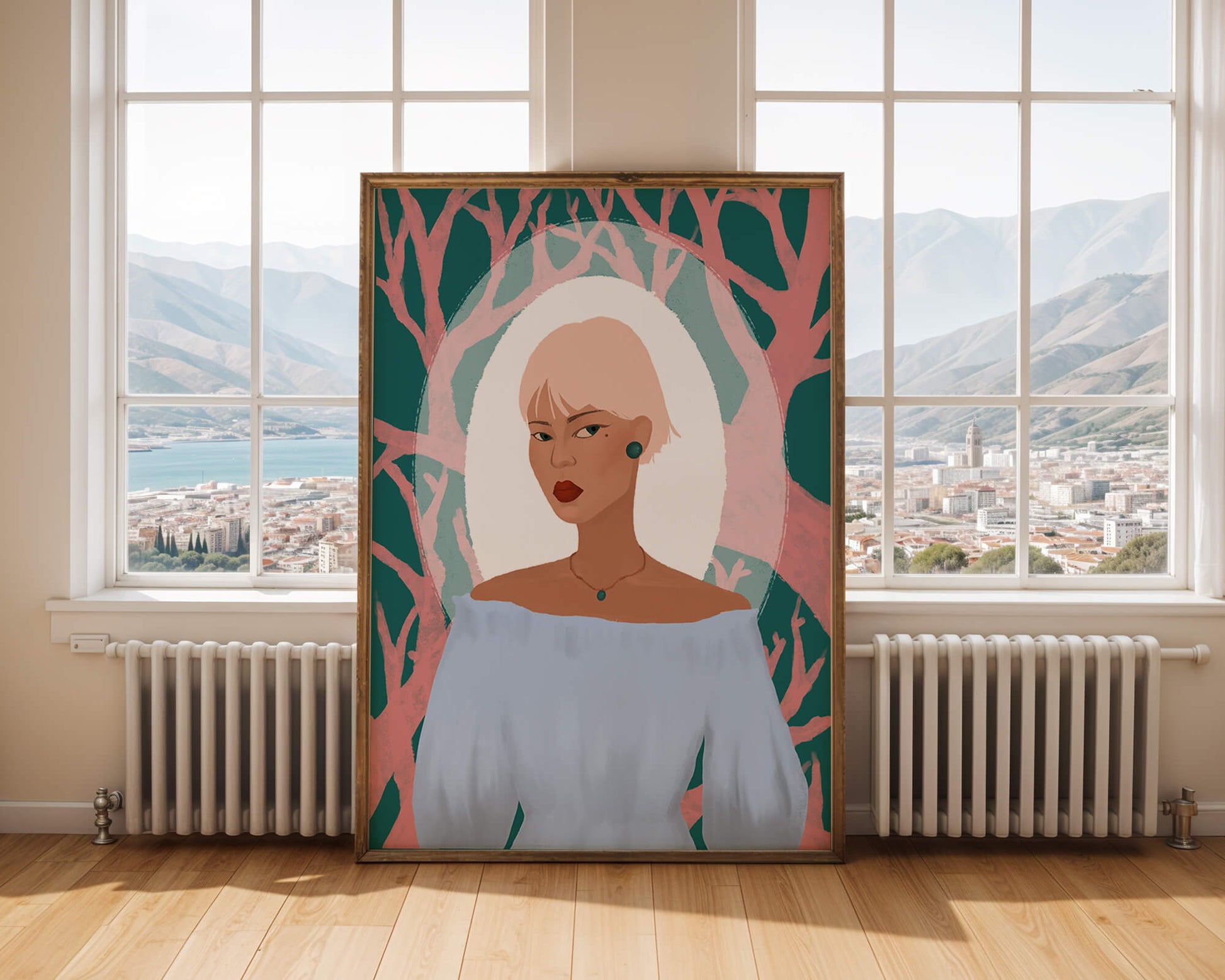 Illustration einer Frau mit einem pastellfarbenen Hintergrund aus abstrakten Bäumen