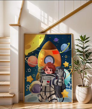 Young Astronaut with Rocket and Planets in Space Adventure