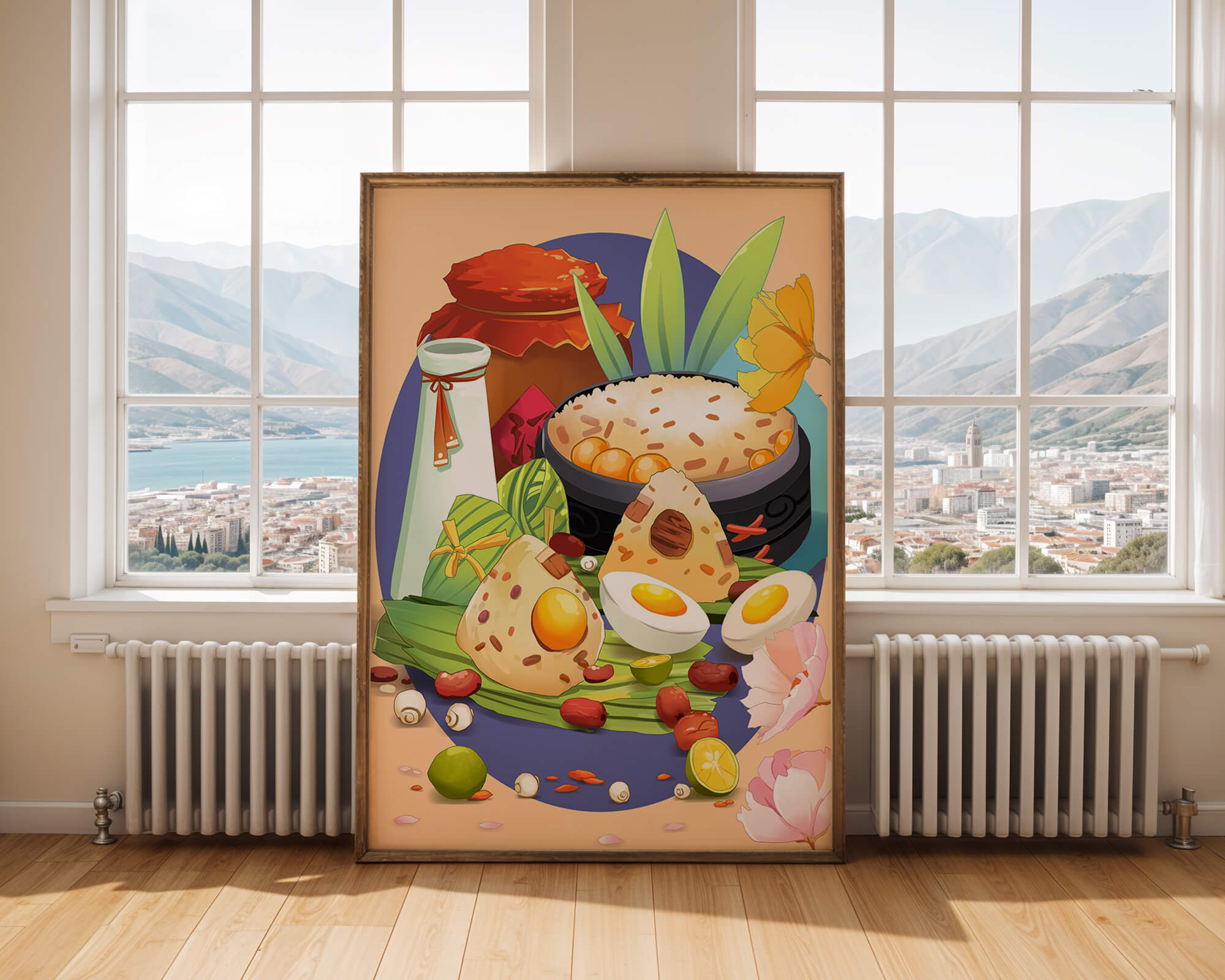 Traditional Asian culinary still life with rice and eggs