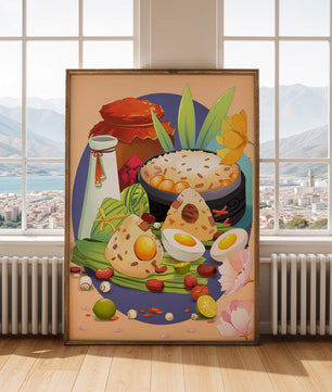 Naturaleza muerta culinaria asiática tradicional con arroz y huevos