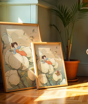 Illustration d'une fille sur des fleurs géantes avec des oiseaux volants et de la nourriture