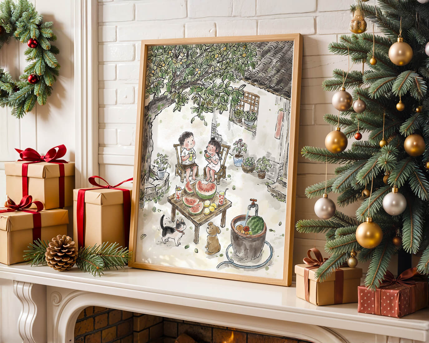 Encuentro acogedor en el patio trasero de verano con sandía y mascotas