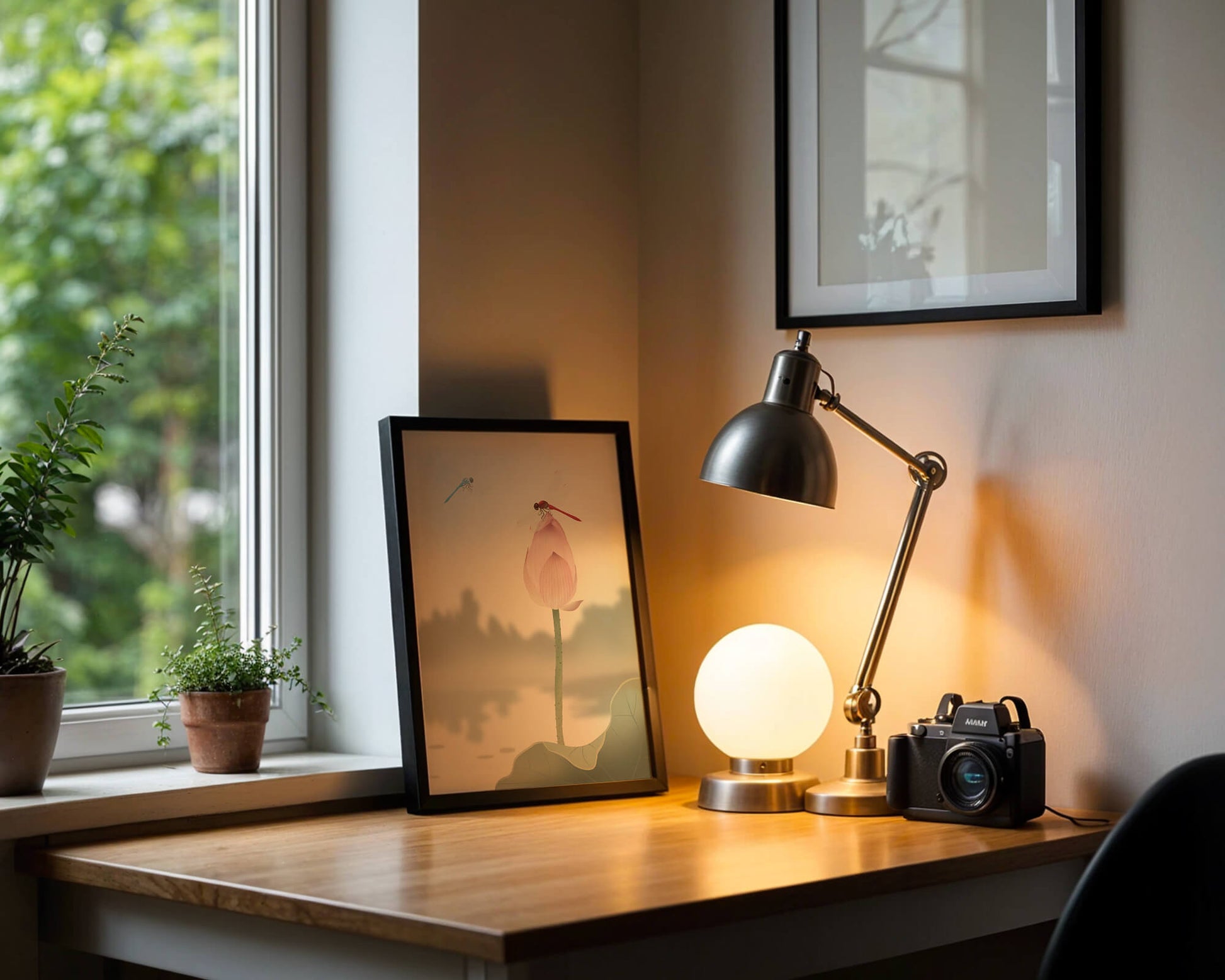 Libélulas sobre un capullo de loto con paisaje sereno