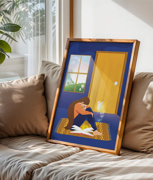 Woman sitting with an open magical book and a fairy in a room