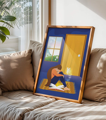 Woman sitting with an open magical book and a fairy in a room