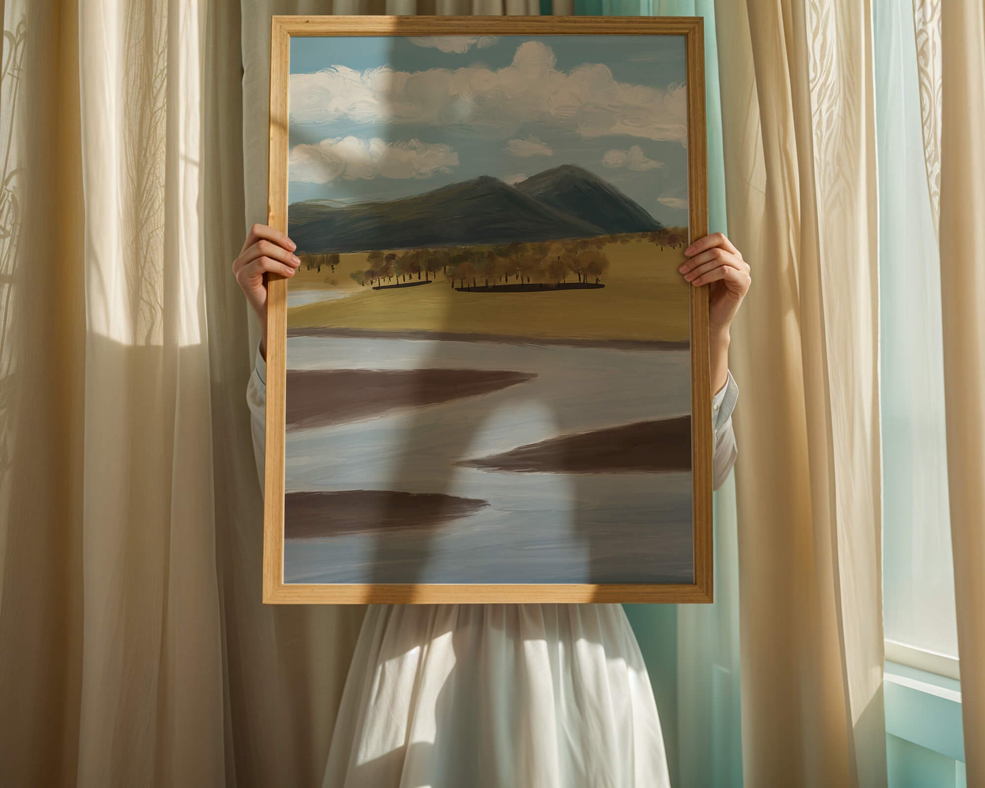 Serene Landscape with Mountains, Trees, and River