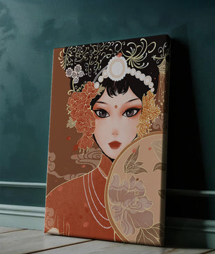 Elegante retrato de una mujer asiática con atuendo tradicional y elementos florales