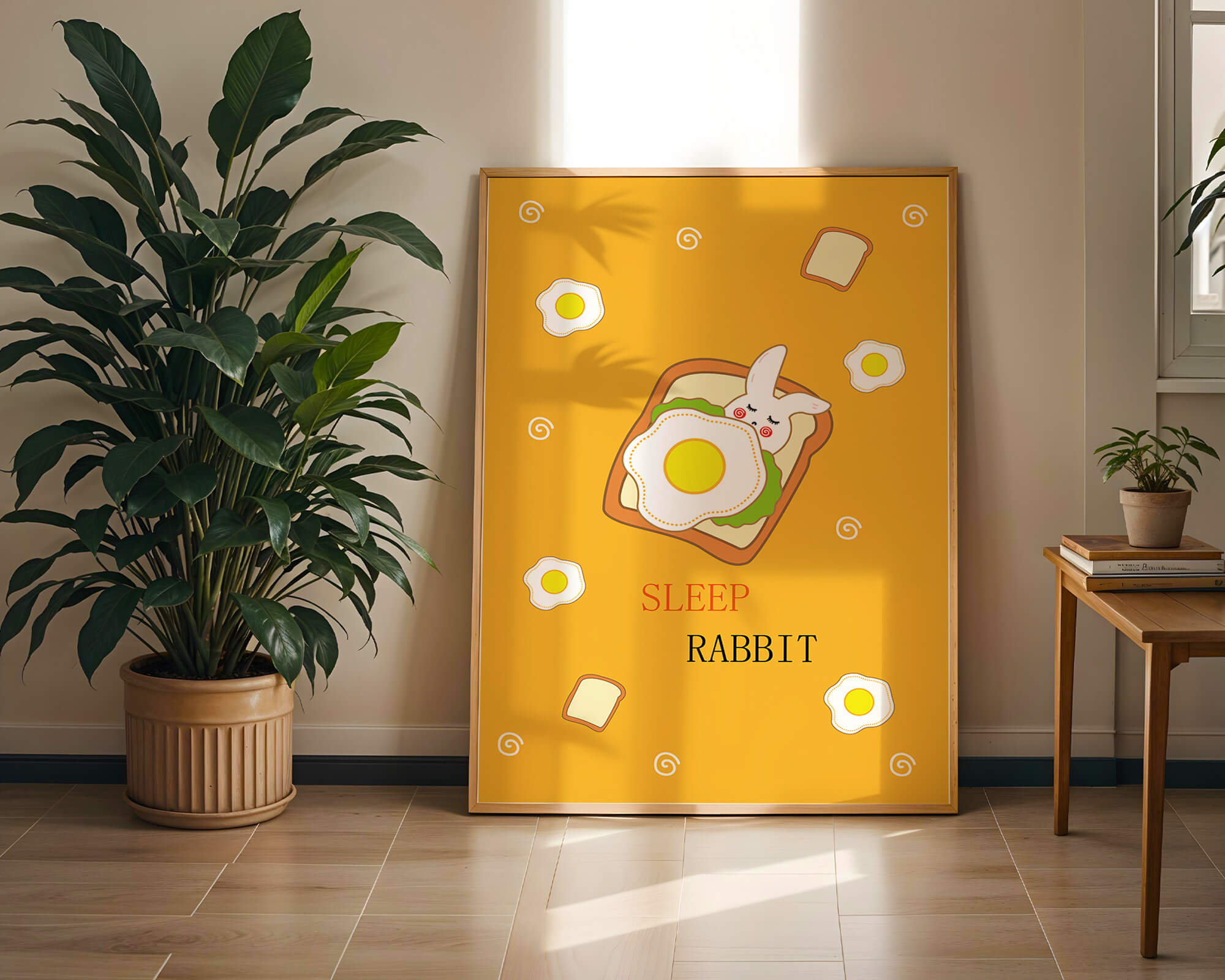 cute rabbit sleeping on toast with fried egg design