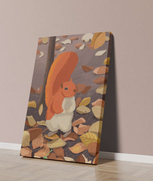 Ilustración de una ardilla adorable entre hojas de otoño