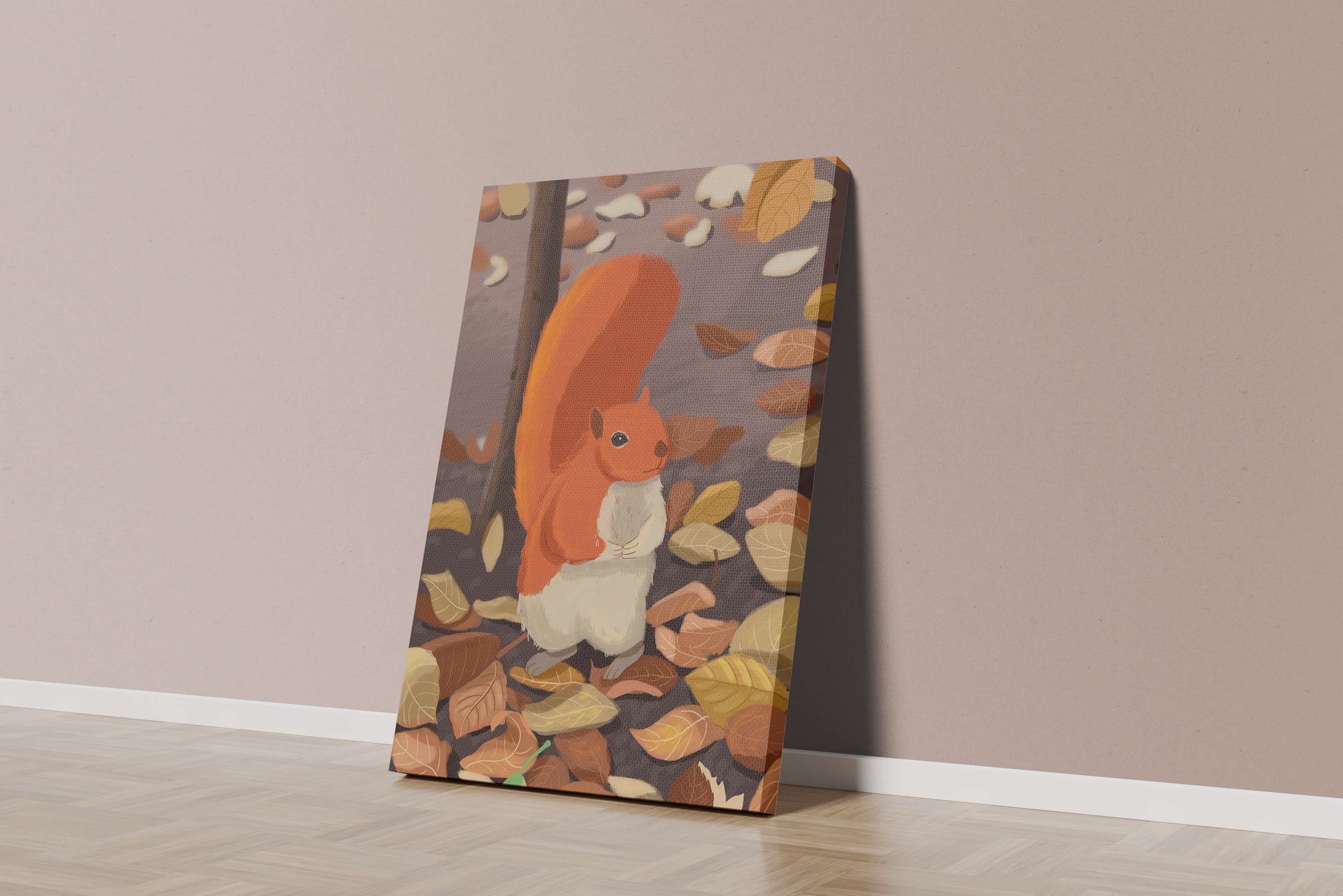 Illustration of a cute squirrel among autumn leaves
