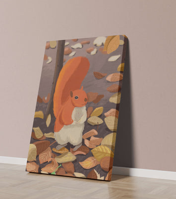 Illustration of a cute squirrel among autumn leaves